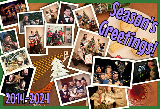 A collection of lots of Christmas themed photos on a table top with string‐art Christmas present and mince pies.